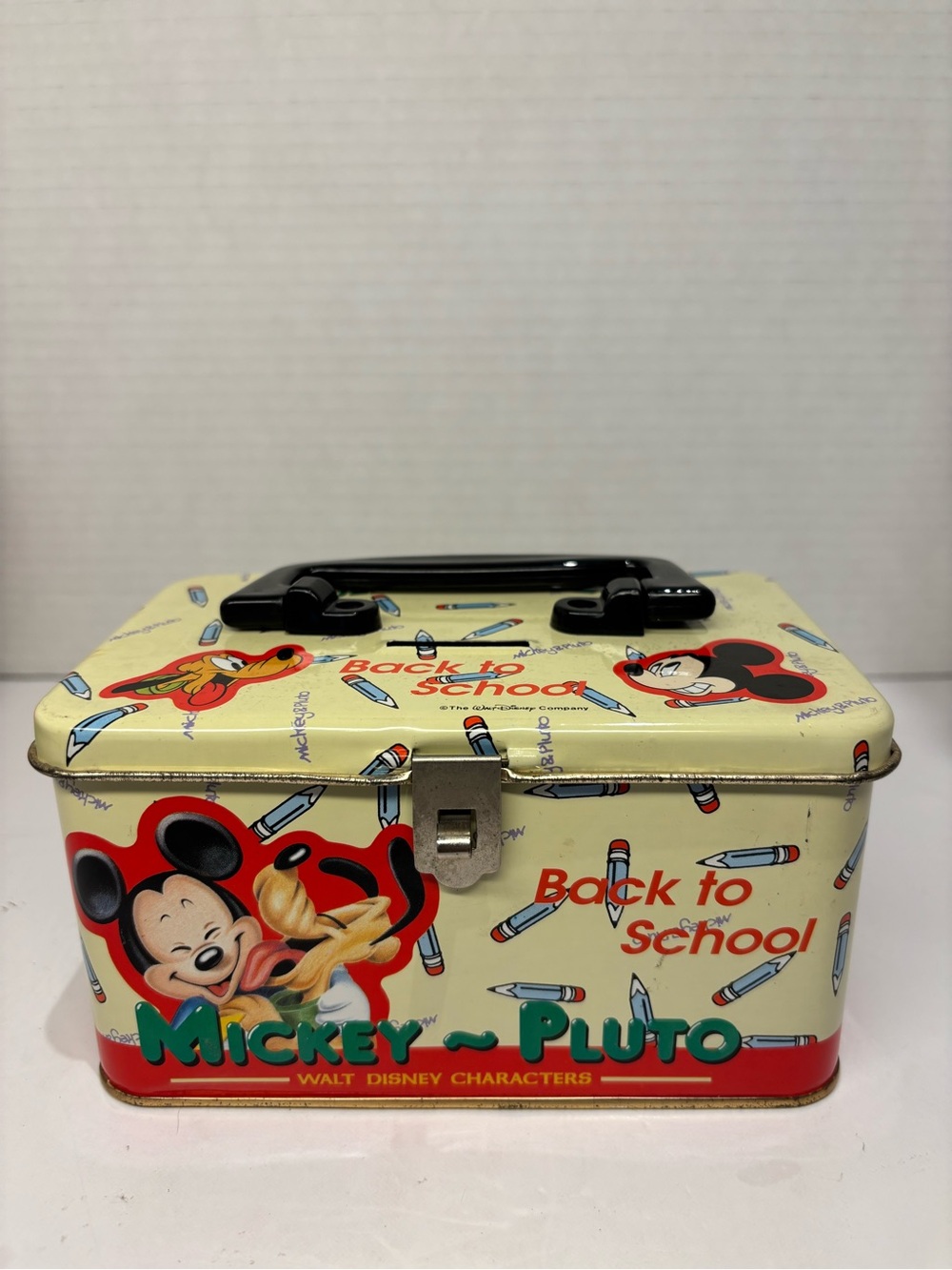 Vintage Disney Mickey Mouse Pluto Back to School Metal Coin Bank Hong Kong